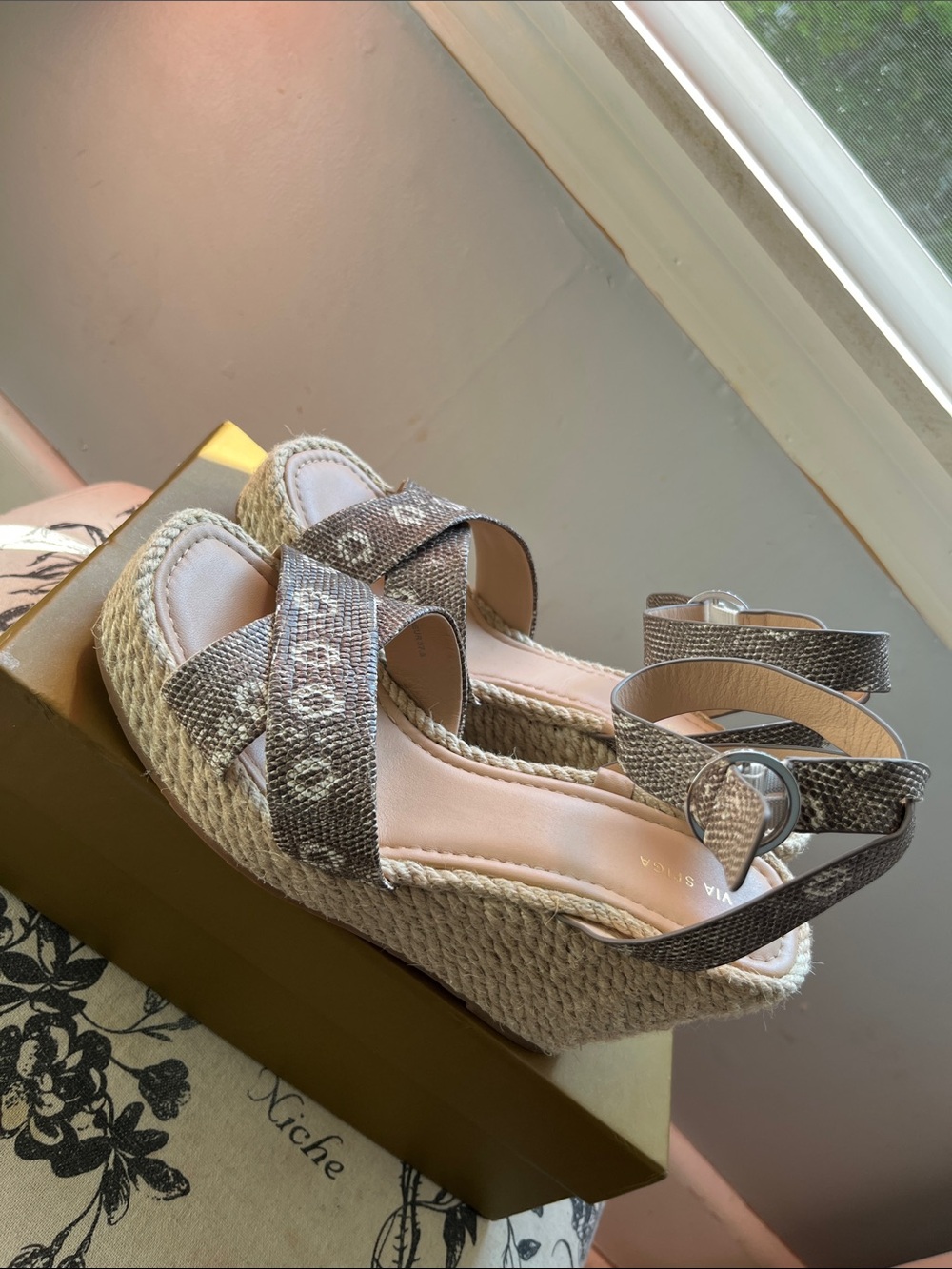 Via Spiga Taupe Snakeskin Wedge Espadrilles